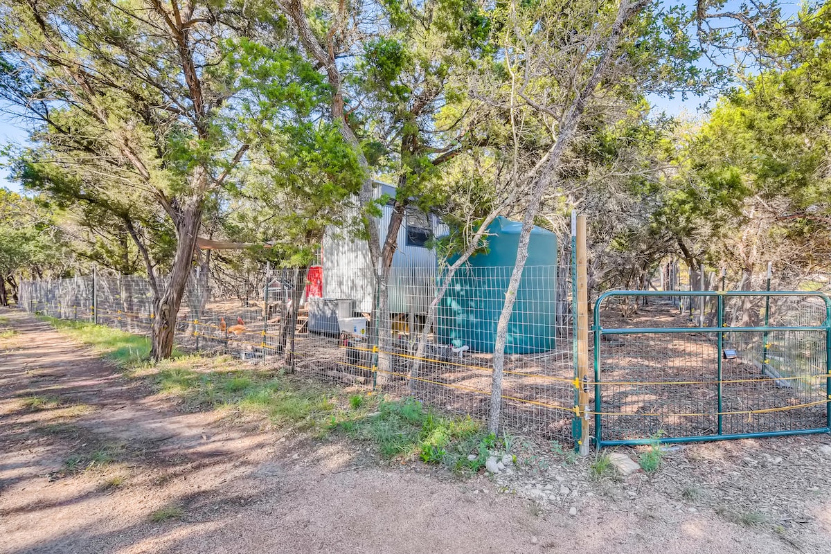 Fenced chicken area near The Cabin at Eco Valley featuring a small coop, free-range chickens, rainwater collection tank, and wooded surroundings that reflect a sustainable, farm-style setting