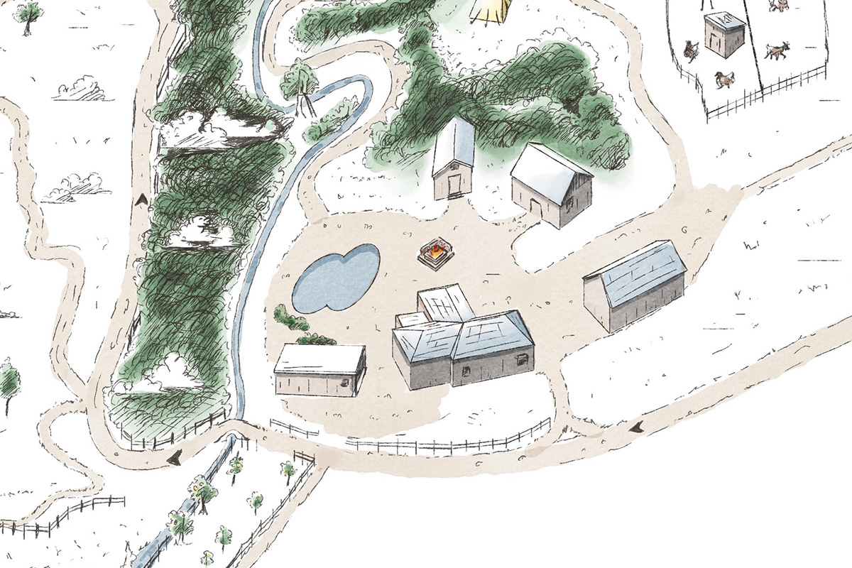 Illustrated aerial view of Eco Ranch showing multiple buildings arranged around a central courtyard with a pond, fire pit, creek, and surrounding greenery.