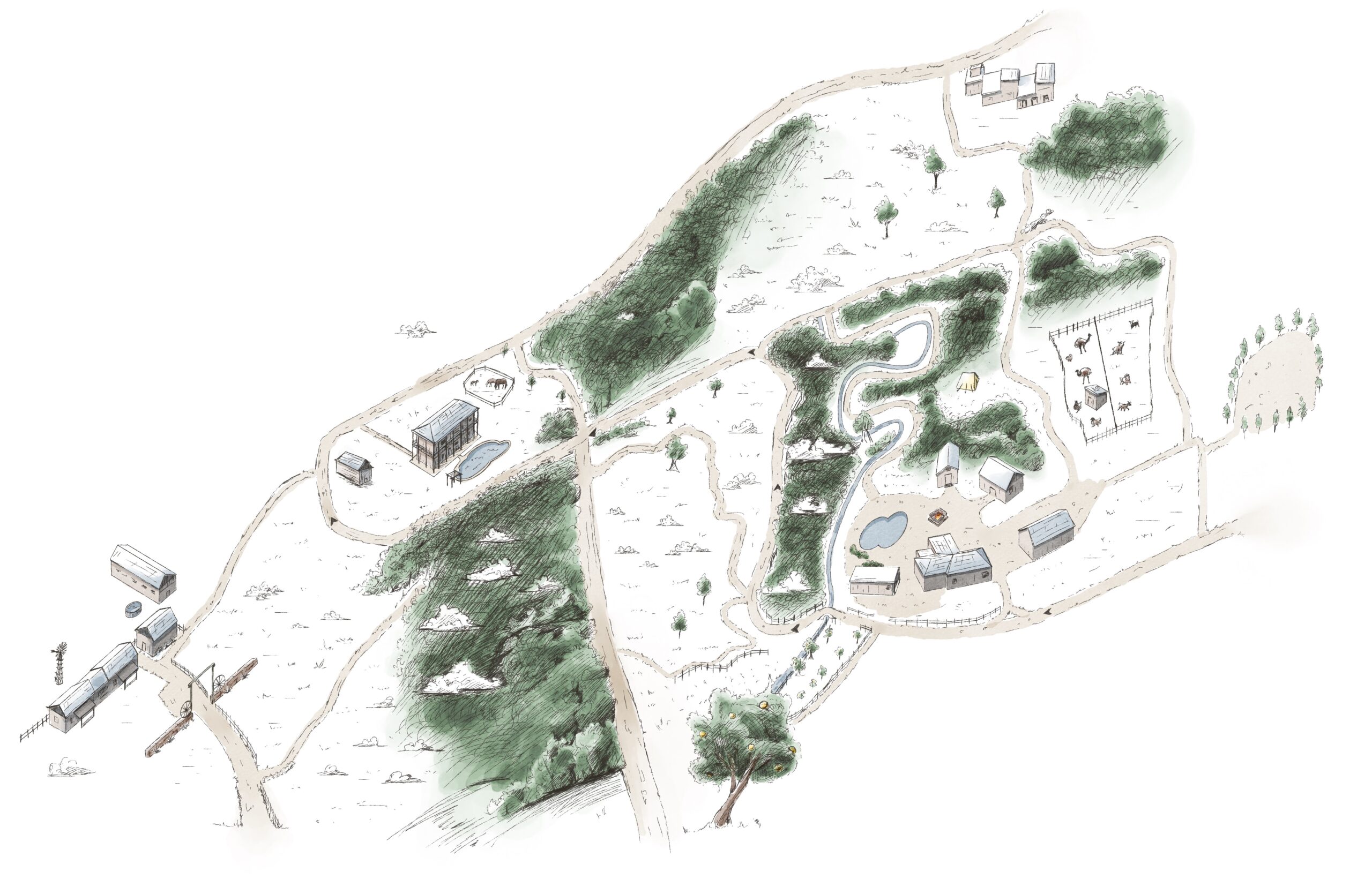 “Illustrated map of EcoValley showing multiple eco retreats, winding paths, water features, animal areas, and preserved natural landscapes.