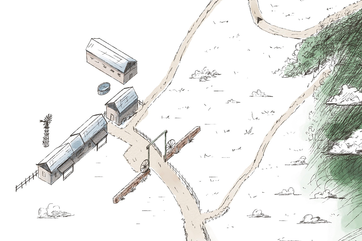 Illustrated aerial view of Hidden Valley Hacienda showing multiple rustic buildings, an entry gate, dirt roads, and surrounding open landscape
